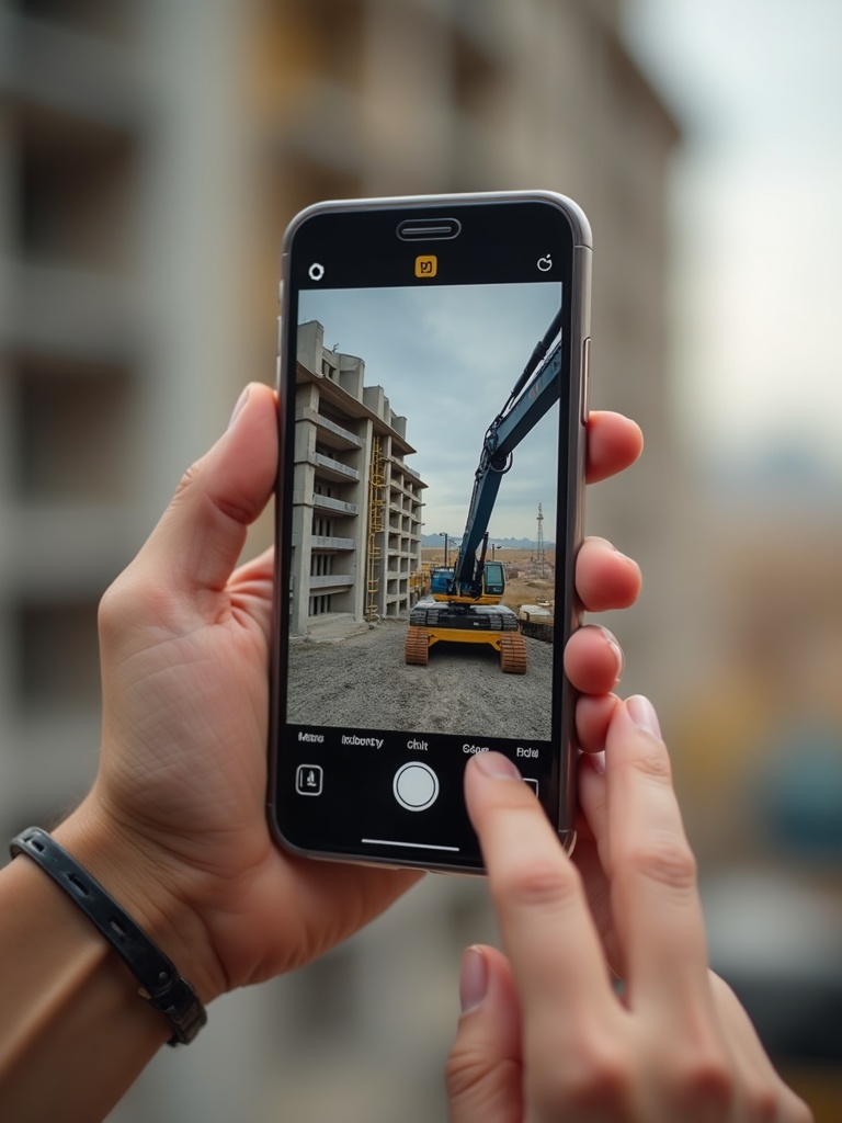 Hand hält Smartphone mit der Structify-App an ein Baudetail zur Foto-KI-Analyse