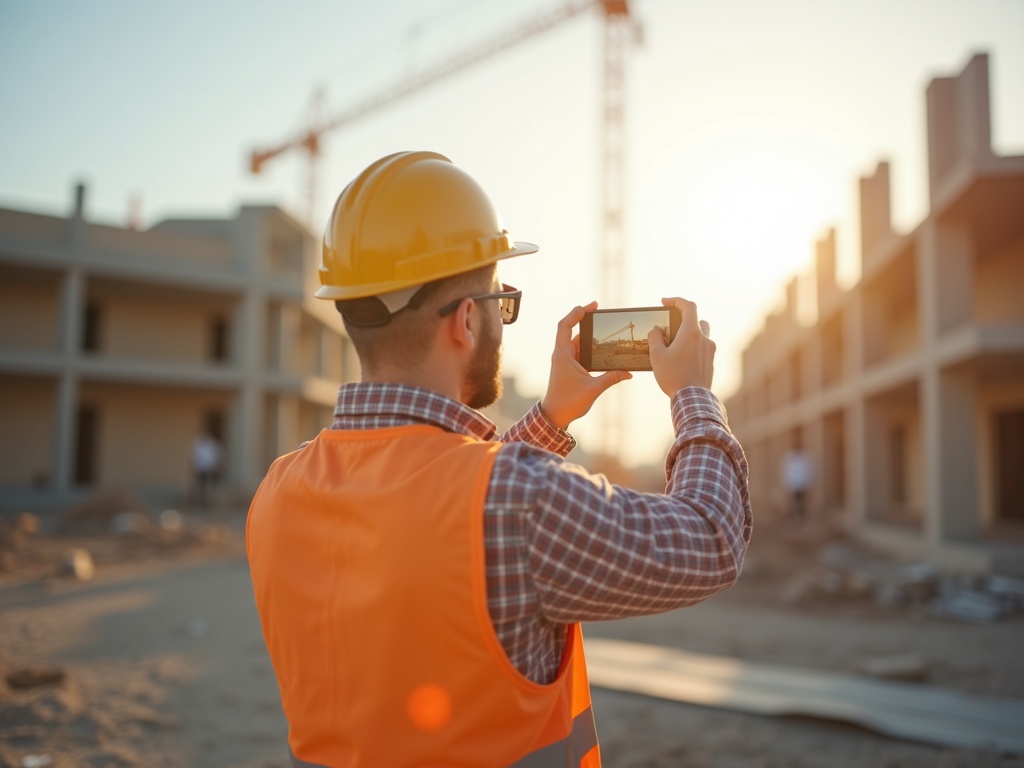 Bauarbeiter fotografiert auf sonniger Baustelle mit der Structify-App für die mobile Dokumentation