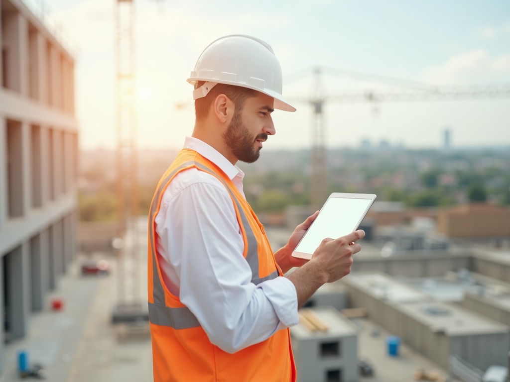 Helle Baustelle: Bauleiter erfasst Aufmaße und Begehung mit einem Tablet